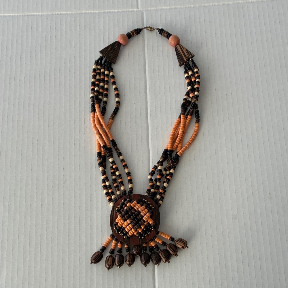 Tribal Native American Necklace Handmade Brown Orange Beads